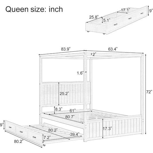 SOFTSEA Canopy Platform Bed with Trundle and Three Storage Drawers, Queen Size Solid Wood Bed with Headboard, 4-Post Platform Fr