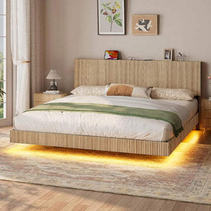 Walnut King Floating Bed Frame with Headboard, Mid Century Modern Fluted Platform Bed with LED Lights, Heavy Duty, Customized