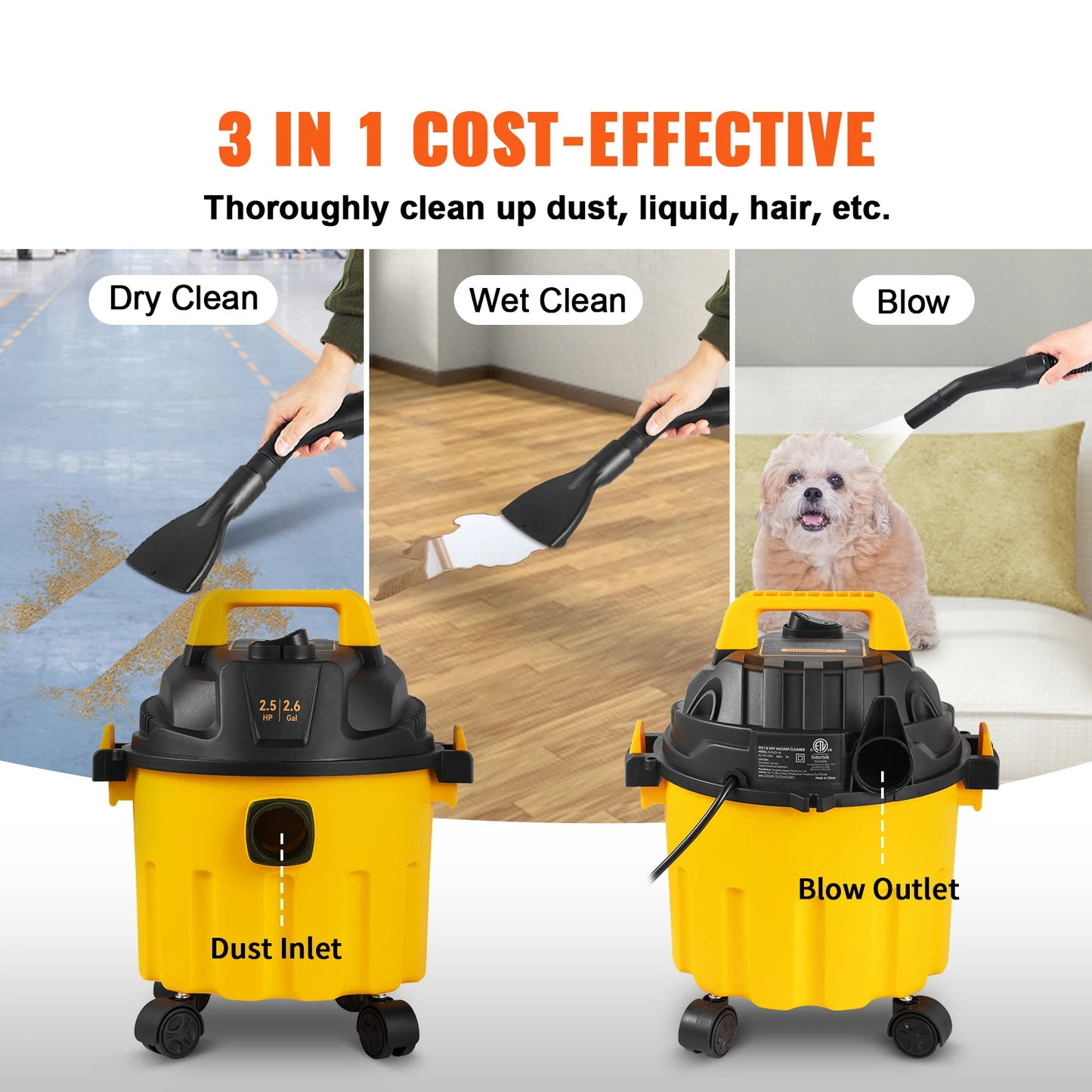 SucceBuy Wet Dry Vac 2.6 Gallon 2.5 Peak HP 3 in 1 Portable Shop Vacuum with Blowing Function  Attachment Storage for Floor