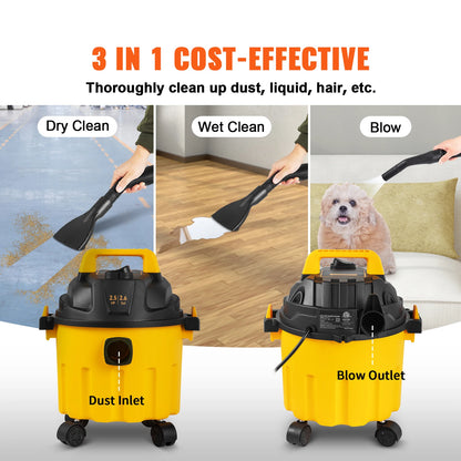 SucceBuy Wet Dry Vac 2.6 Gallon 2.5 Peak HP 3 in 1 Portable Shop Vacuum with Blowing Function  Attachment Storage for Floor