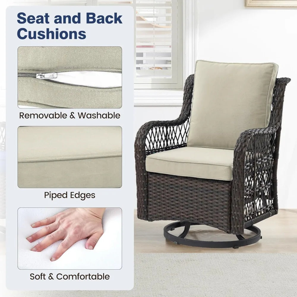 3 piece outdoor patio set, wicker rocking bistro set with 2 swivel chairs & tempered glass top table, rattan outdoor furniture