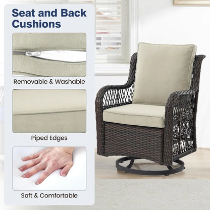 3 piece outdoor patio set, wicker rocking bistro set with 2 swivel chairs & tempered glass top table, rattan outdoor furniture