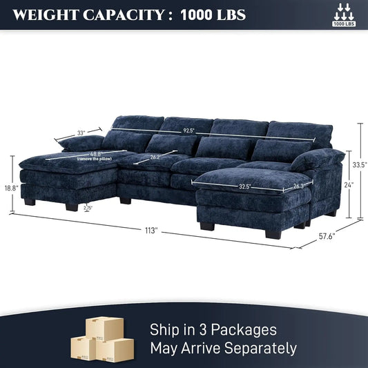 114" U Shape Sectional Cloud Couch with Ottoman,Fluffy Sectional Couches for Living Room,4 Seater Modular, Customized