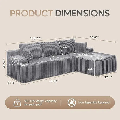 Modular Sectional Sofa Couches 108" L-Shape Couch 3 Seat Modular Sofa Memory Foam Sectional Couches for Living Room