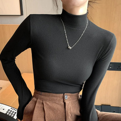 Women's Knitted Half-Turtleneck Pullover Sweater Elegant Korean Fashion Long-Sleeve Top Slim Fit Thermal Jumper Casual Knitwear