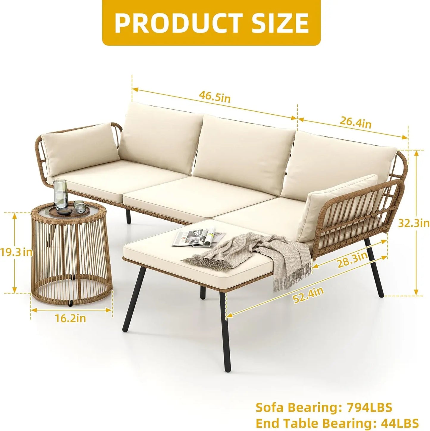 Patio Furniture Set 3Piece Outdoor Wicker Conversation Set with Detachable Cushions and Coffee Table L-Shaped Sectional Sofa Set