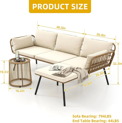 Patio Furniture Set 3Piece Outdoor Wicker Conversation Set with Detachable Cushions and Coffee Table L-Shaped Sectional Sofa Set