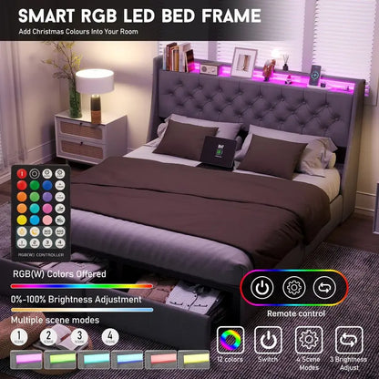 Size Bed Frame with Charging Station and Headboard, Upholstered Button Tufted Platform Queen Bed with 2 Storage Drawers and LED