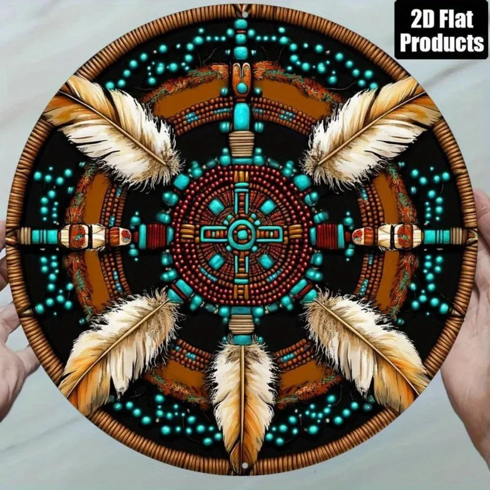 Native American-Themed 2D Flat Circular Aluminum Wall Plaque–8x8 Inch Vibrant Tribal Design in Turquoise, Orange, Brown & More"
