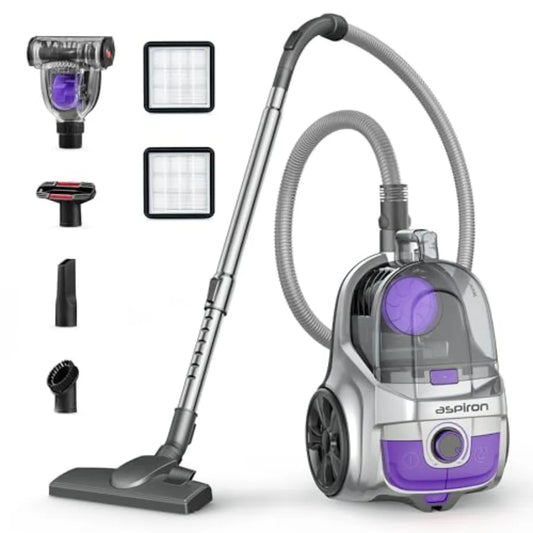 Upgraded 1600W Bagless Canister Vacuum Cleaner with Auto Cord Rewind and H13 HEPA Filter for Efficient Cleaning on Hard Floors