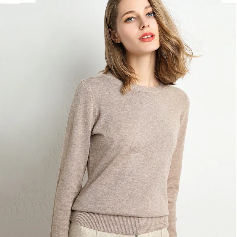 Women Slim O-Neck Pullover Cashmere Wool Blending Sweater Autumn And Winter Long-Sleeved Knit Bottoming Shirt Large Size 2024