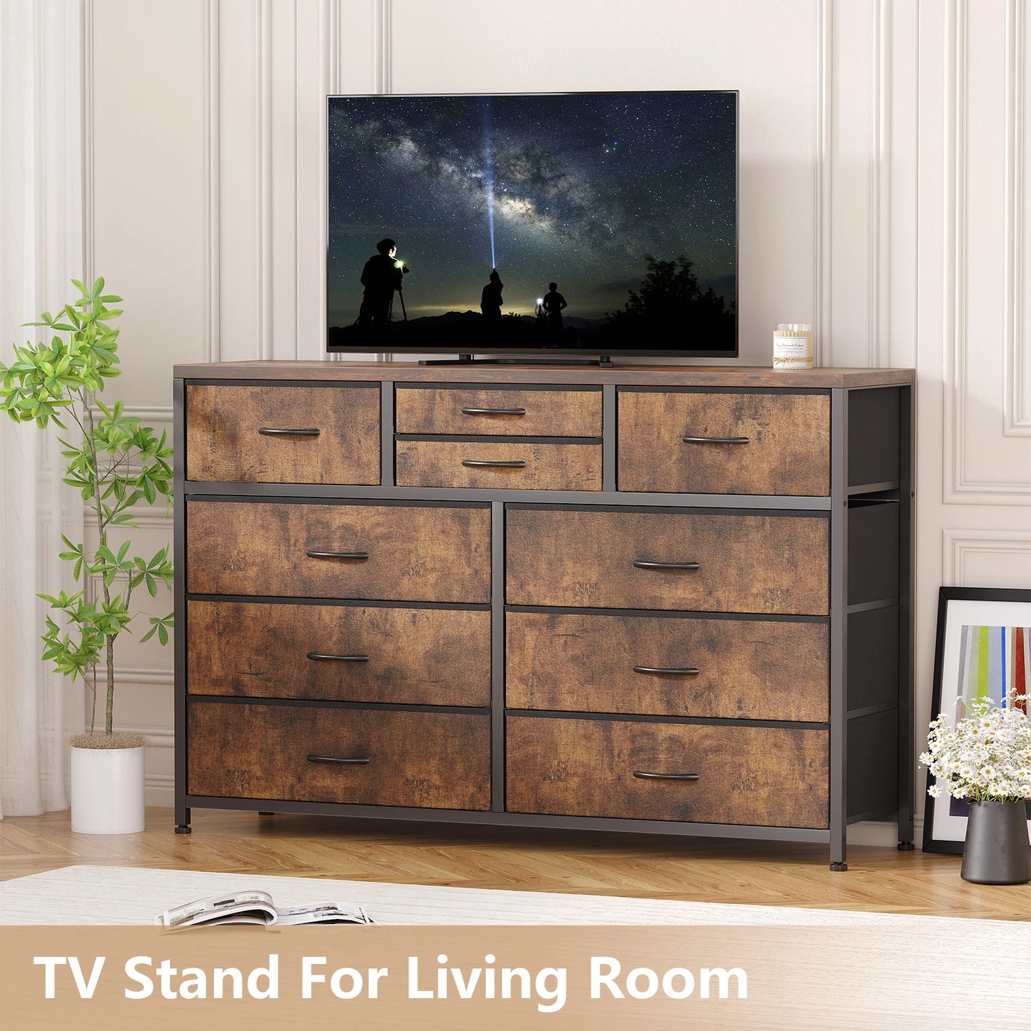 Drawer Dresser TV Stand for 47 to 55 Inch Wood Top Entertainment Center with Sturdy Steel Metal Frame for Bedroom Living Room