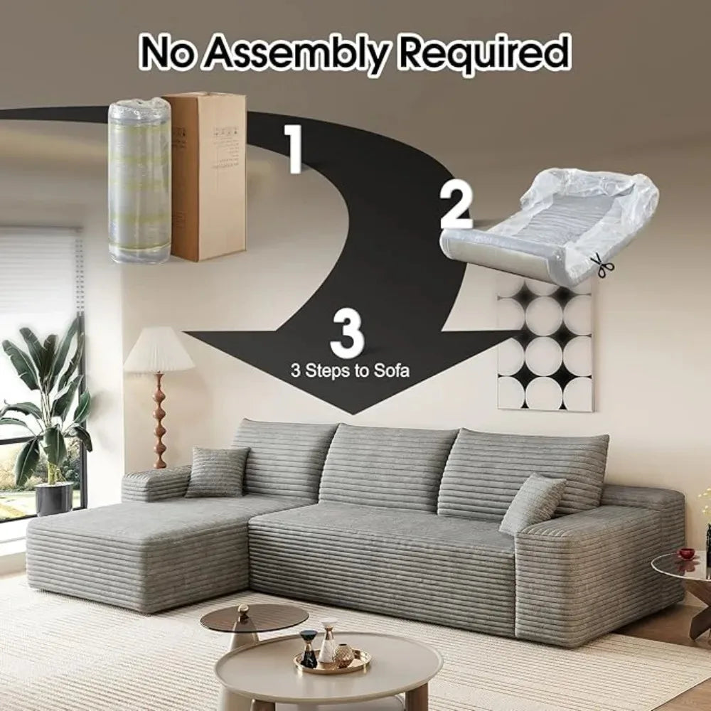 107.5" Boneless Corduroy Living Room Sofa – L-Shaped Cloud Sectional with Chaise, Modular Deep Seat & No Assembly