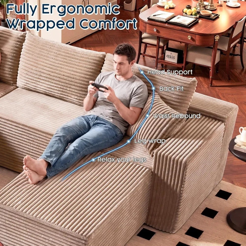 No Assembly Cloud Modular Sectional Sofa，108" U-Shape Corner Couch with Ottoman - Plush Corduroy, Deep Seating,Customized