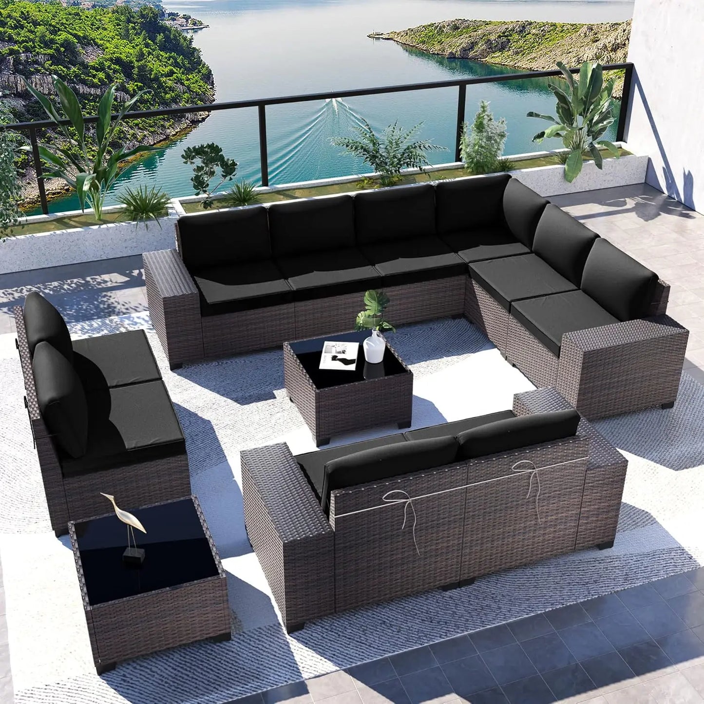 12 Pieces Outdoor Patio PE Rattan Sectional Sofa Set with Cushions & Tempered Glass Coffee Table for Garden Porch, Customized