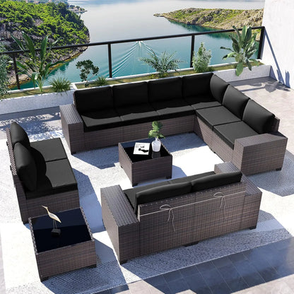 12 Pieces Outdoor Patio PE Rattan Sectional Sofa Set with Cushions & Tempered Glass Coffee Table for Garden Porch, Customized