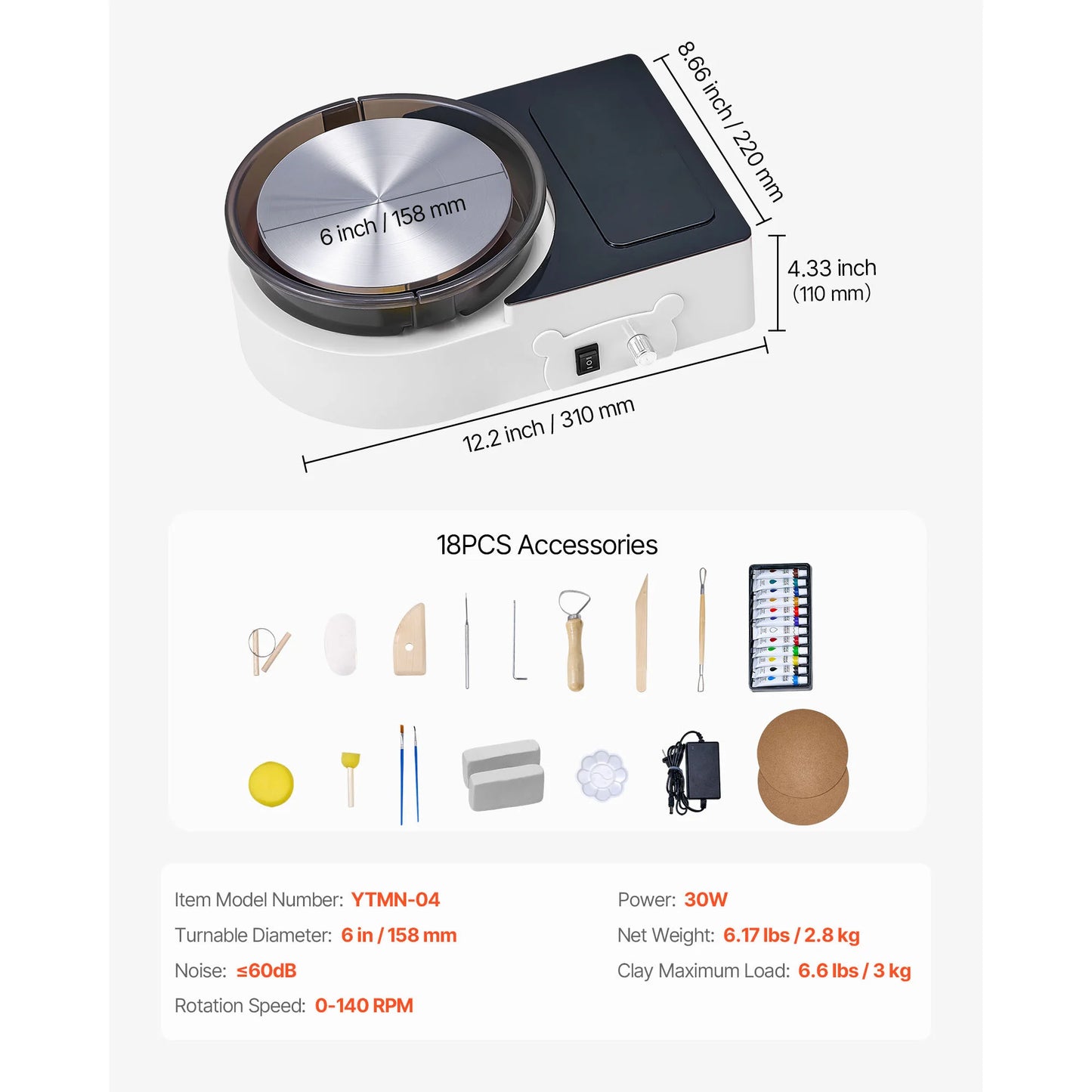 SucceBuy 3/6 inch Mini Pottery Wheel Turntable Forward Reverse Rotation Adjustable Speed Electric Clay Wheel for Kids and Adults