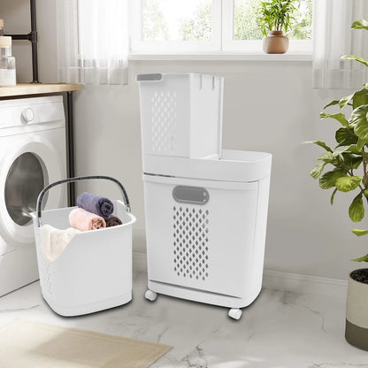 2-Layer Laundry Basket,Multifunctional Breathable Movable Storage Basket Stand For Classify Store Clothing and Daily Necessities