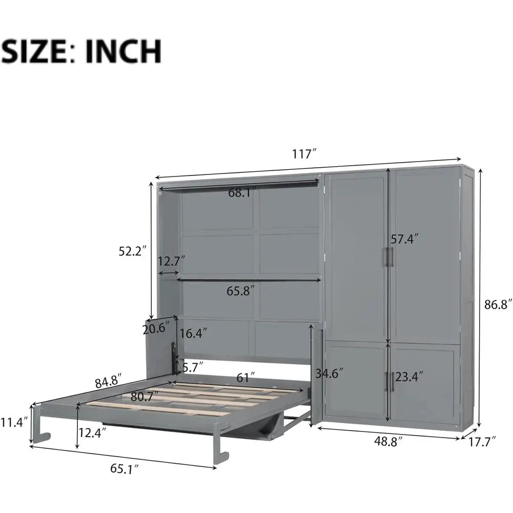 Gray Queen-Size Wall-Mounted Murphy Bed with Integrated Closet and Wardrobe Storage