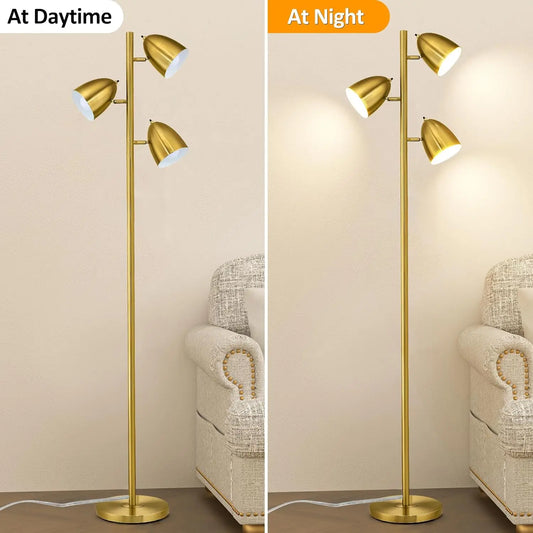 65" Modern Adjustable Floor Lamp with 3 E26 Bulbs, Gold Metal Heads for Living Room, Bedroom, Office