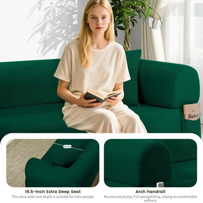 Sofa in a Box, No Assembly 3-Seater Floor Sofa Couch with 2 Pillows & Corduroy Fabric & Side Storage Pockets