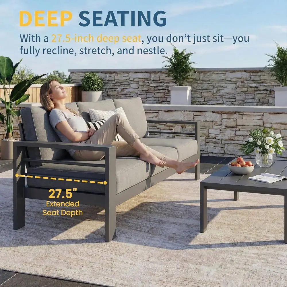 Gray Oversized Metal Patio Furniture Set with 27.5 Deep Seating and 3.2 Wide Armrests, All-Weather Outdoor Cushion Set