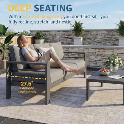 Gray Oversized Metal Patio Furniture Set with 27.5 Deep Seating and 3.2 Wide Armrests, All-Weather Outdoor Cushion Set