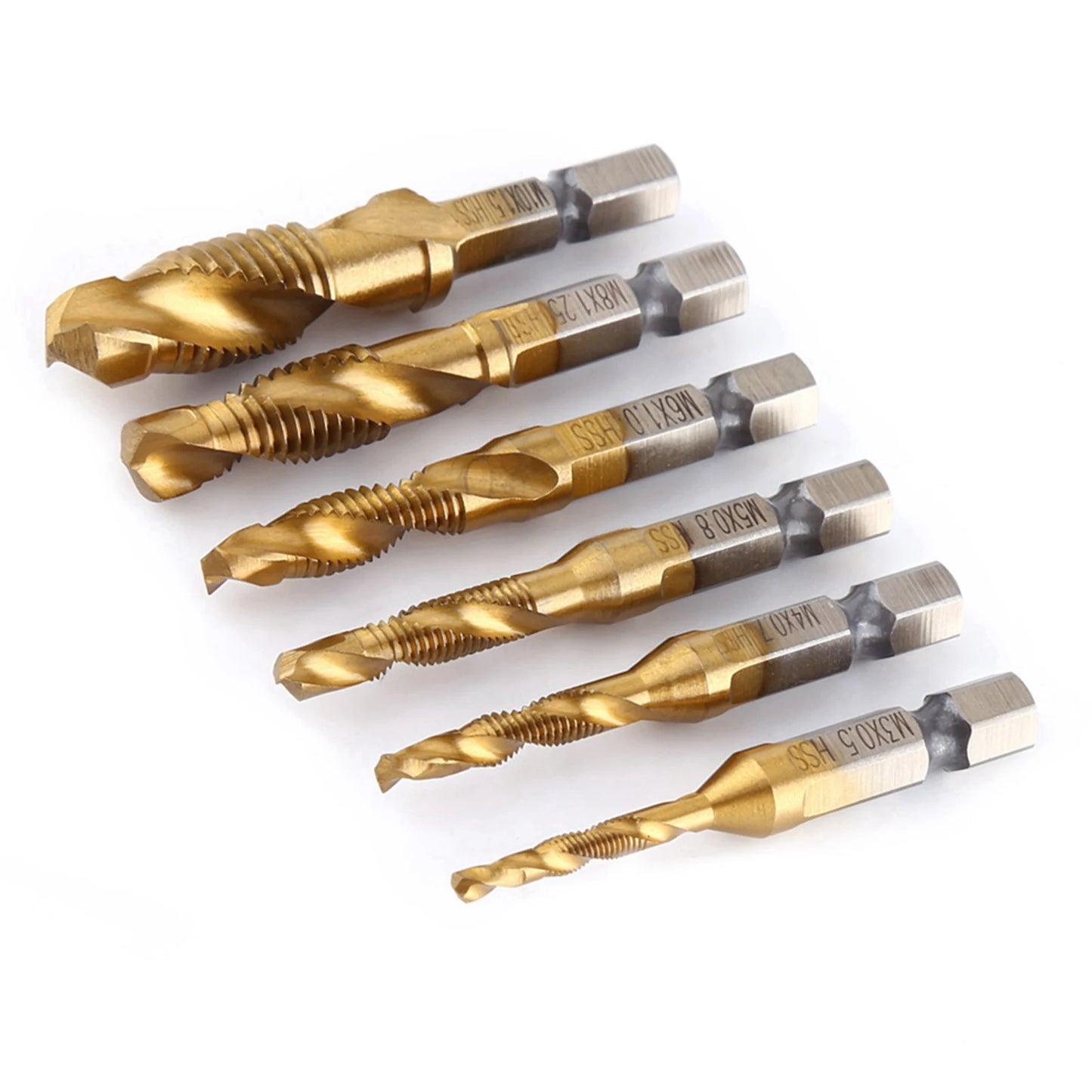 6pcs Metric Thread M3-M10 Titanium Coated HSS Drill and Tap Bits 1/4" Hex Shank