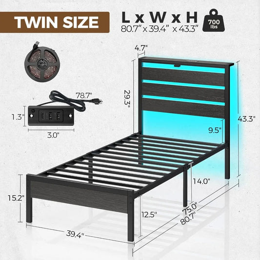 Rolanstar Bed Frame Twin Size with USB Charging Station, LED Bed Frame with Wood Storage Headboard, Black Metal Platform Bed wit