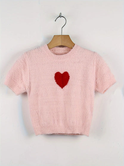Autumn and Winter New Fashion Woman Sweater Fitted Crew Neck Heart Jacquard Fleece Short Sleeve Pullover Knit Top