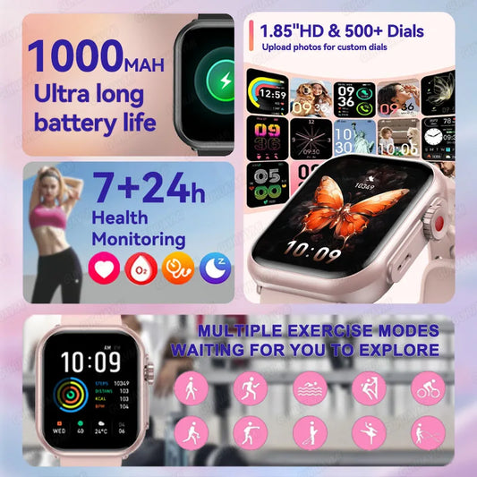 2025 Fashion Women Watch Ultra2 SE Smart Watches 1000mAh 1.85"AMOLED Full Touch Screen BT Call Smartwatch For Android IOS Ladies