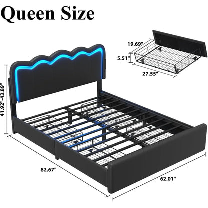 Bed Frame with 4 Storage Drawers and LED Lights, Upholstered Platform Bed with Adjustable Chic Double Wavy Headboard