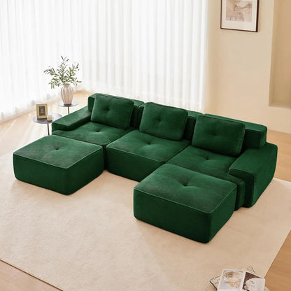 116" Modern Corduroy Cloud Sofa with Ottoman, U Shaped Boneless Modular Large Sectional Couches for Living Room, Green 3 Seater