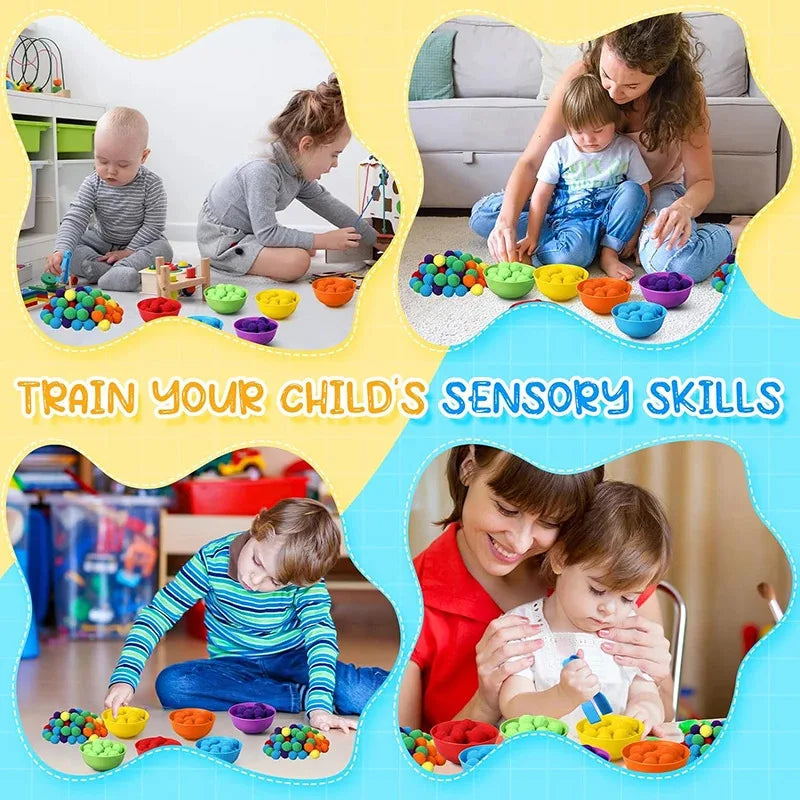 Rainbow Counting Set: Pom Poms Sorting Toys w/ Bowls & Tweezers for Kids, Fine Motor Skills Learning Montessori Math Toy