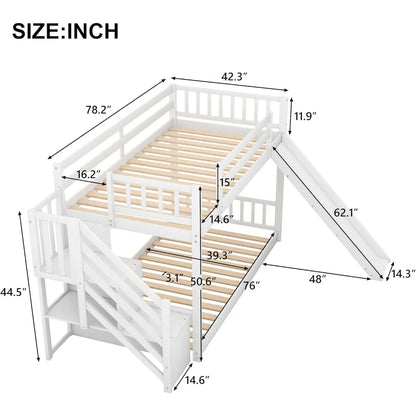 SOFTSEA Twin Over Twin Low Bunk Beds with Slide and Stairs, No Box Spring Needed