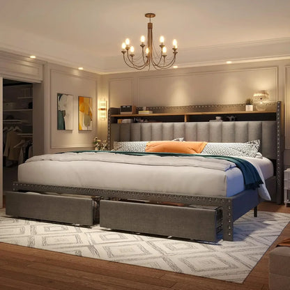 King Size Bed Frame, Upholstered King Bed Frame with 2 Storage Drawers and 2-Tier Headboard, Vertical Tufted Headboard Design