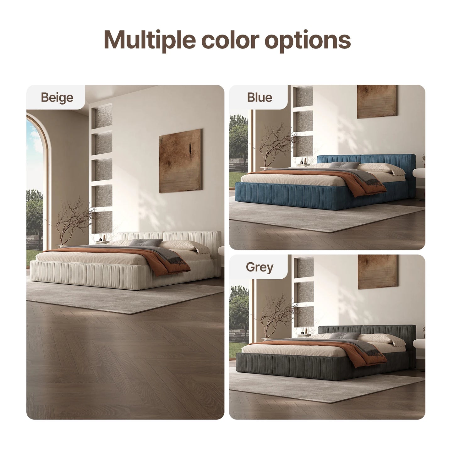 Queen Size Chenille Platform Bed with Thick Headboard and Footboard, Block Pleated Design Style, Wooden Structure Solid, Noise F