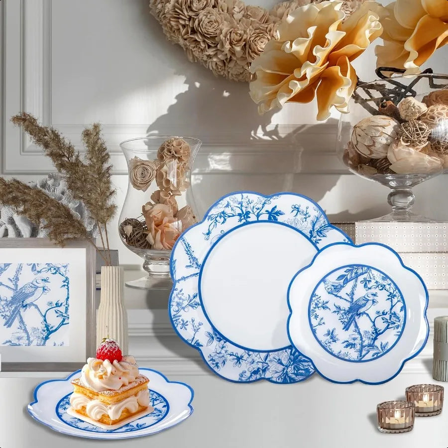 LIYH 60 Pcs Blue Plastic Plates Set Heavy Duty Floral and White Plastic Plates for Party Wedding Elegant Plate Bridal Shower Fl