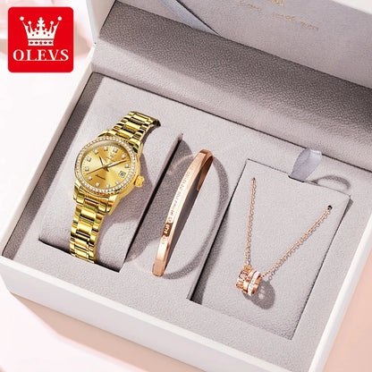 OLEVS Automatic Watch for Women Diamond Gold Luxury Stainless steel Elegant Original Women's Automatic Watch Necklace Gift Set