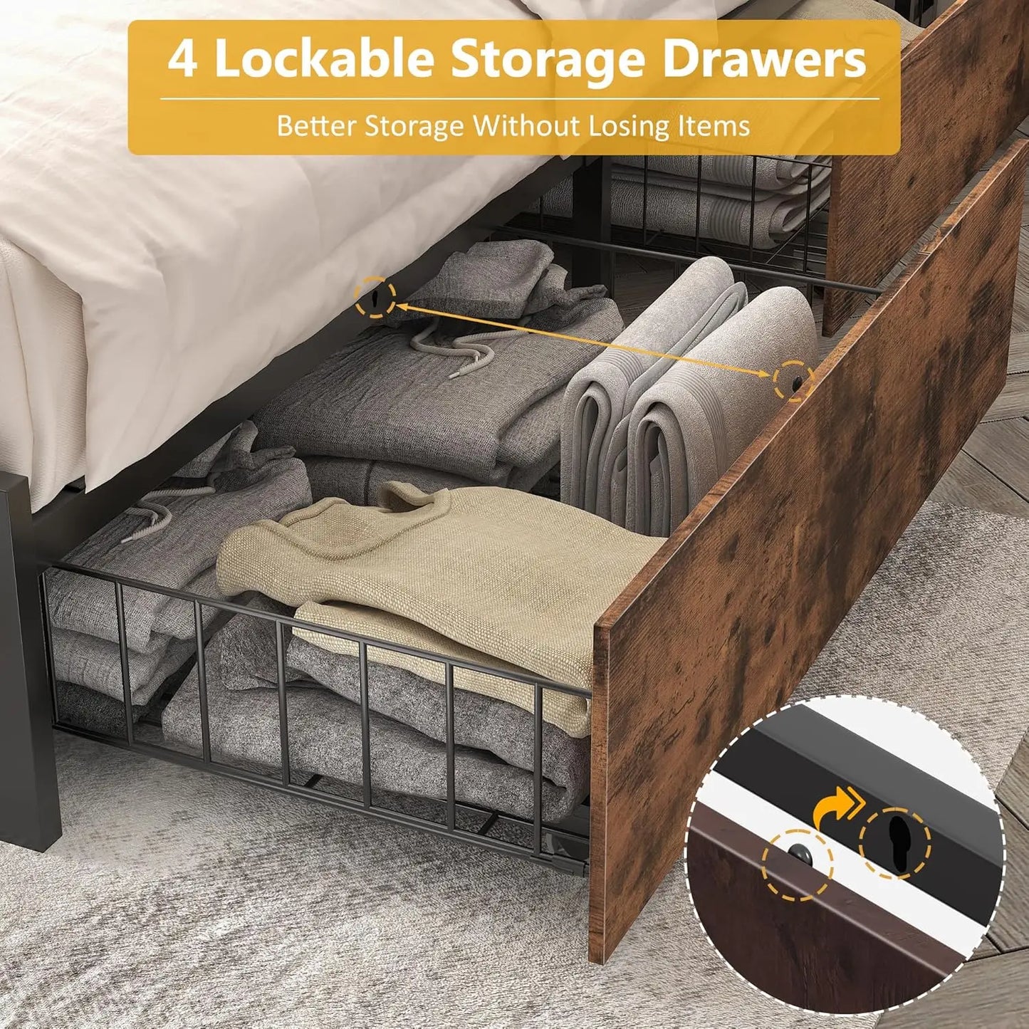 Queen Bed Frame with 2-Tier Storage Headboard, Metal Platform Bed Frame with 4 Storage Drawers, Built in Charging, Customized
