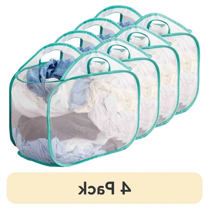 4 Pack Collapsible Pop Up Laundry Hamper Mesh Basket Ventilated Heavy Duty Carry Handles Storage Solution Clothes Toys Household