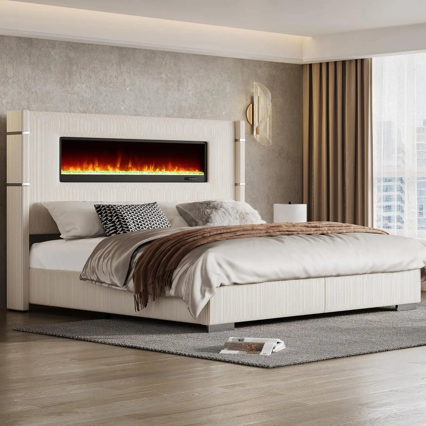 Modern California King Size Bed Frame with Fireplace, Corduroy Upholstered Bed Frame with 60.4“ Extra Tall, Customized