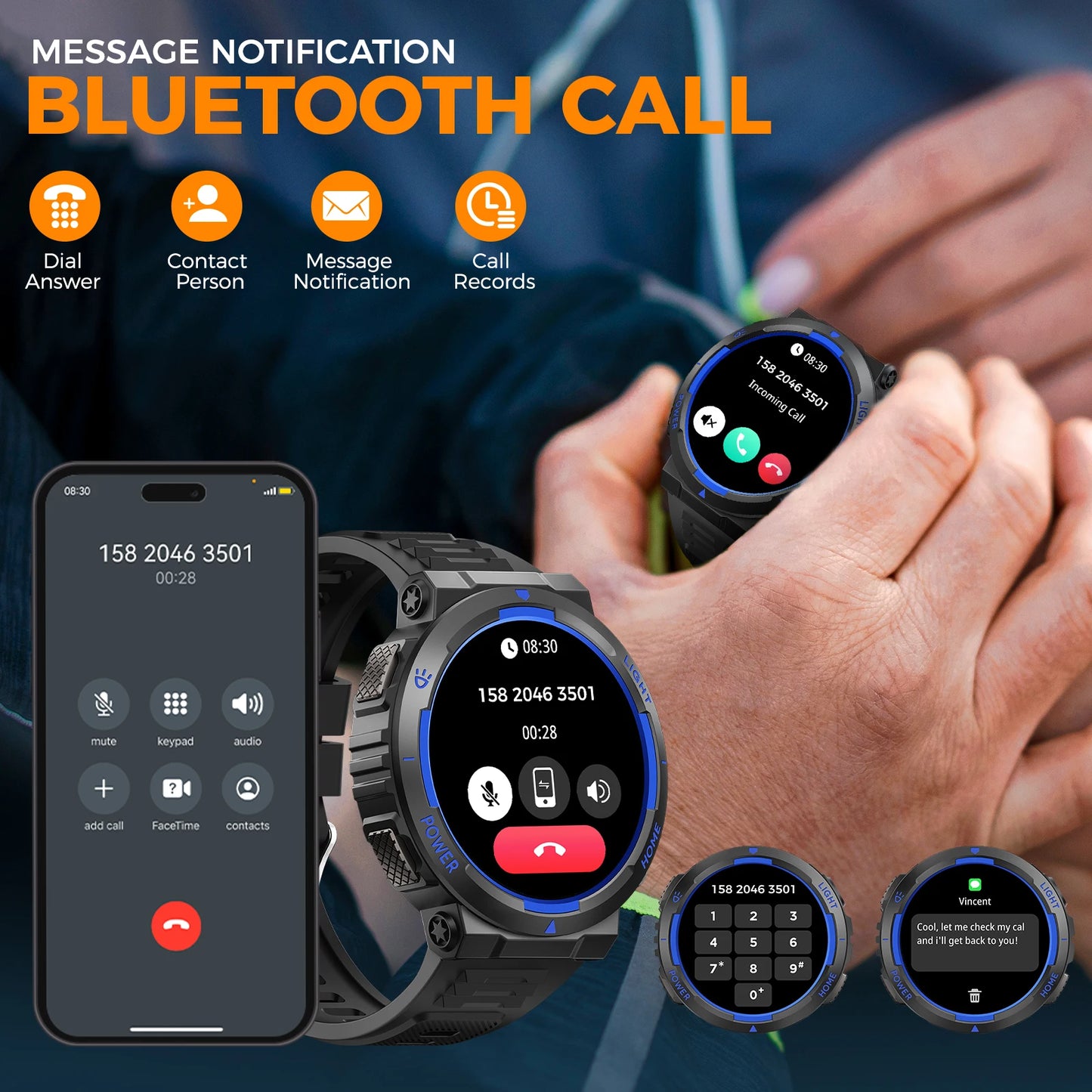 EIGIIS Military Smart Watches for men with LED Flashlight 1.53" IPS Screen Bluetooth Call with 100+ Sports Modes Fitness Tracker