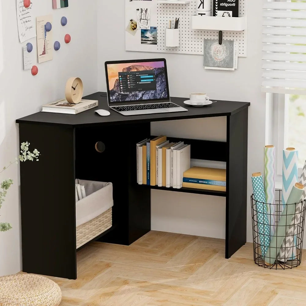 Corner Desk, 90 Degrees Triangle Computer Desk for Small Space, Space Saving Bedroom Corner Makeup Vanity Desk with Storage
