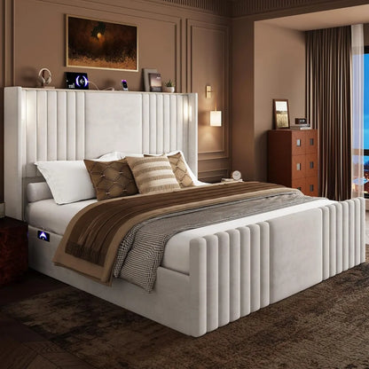 King Size Bed Frame with Tall Headboard, Velvet Upholstered Platform Bed with Reading Lights, Storage Shelf, Charging Station