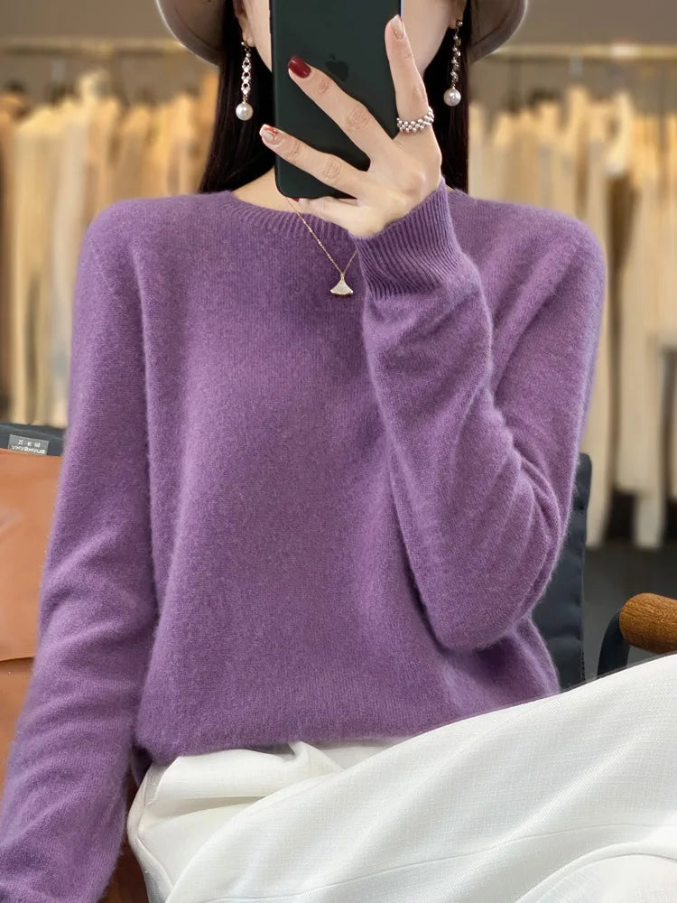 100% Merino Wool Sweater Women O-neck Cashmere Knitwear Female Pullover Autumn Winter Casual Tops Solid Color Soft  Clothing