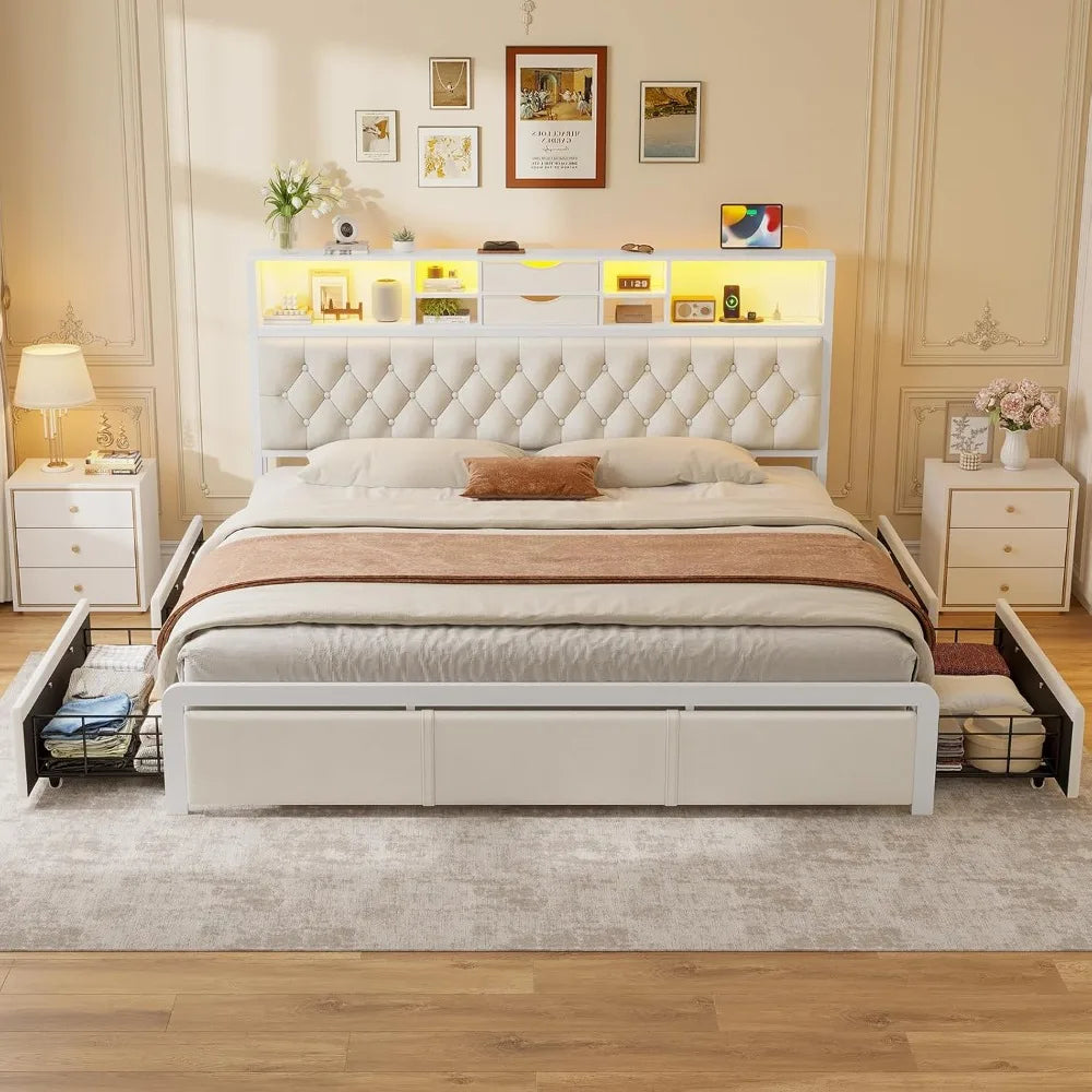 King-Sized Bed Frame with Four Storage Drawers and Headboard, Velvet-Covered King Platform Bed with LED Lighting and Charging St