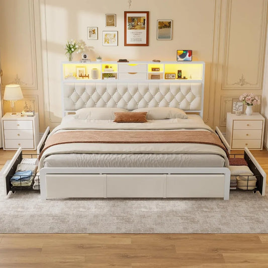 King-Sized Bed Frame with Four Storage Drawers and Headboard, Velvet-Covered King Platform Bed with LED Lighting and Charging St