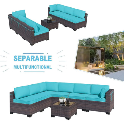 7 Pieces Outdoor Patio Furniture Set,Sectional Rattan Sofa Set Brown PE Rattan Wicker Patio Conversation Set with, Customized