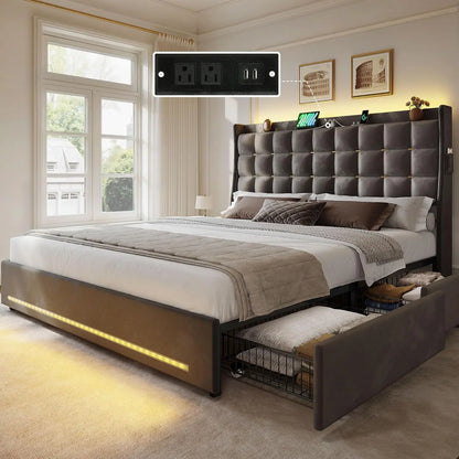 LED Queen/king Bed Frame with 4 Drawers Velvet Upholstered Platform Bed, No Box Spring Needed, Easy Assembly